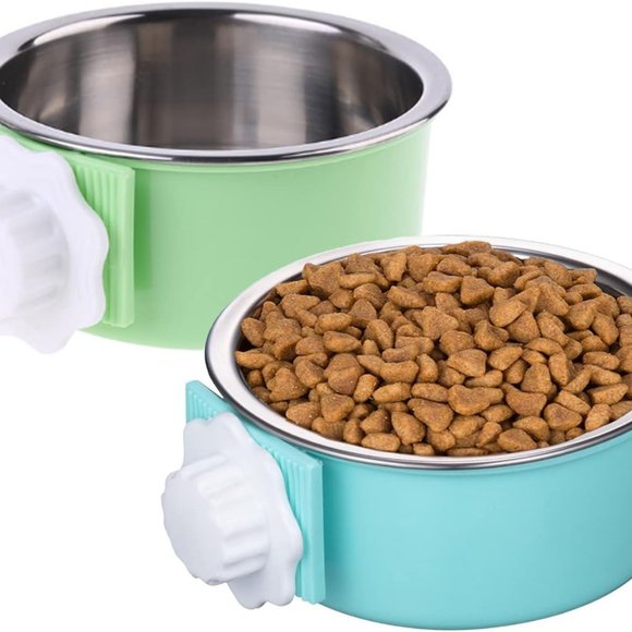 Other - Green & Blue Plastic Removable Stainless Steel Dog Hanging Food Water Bowl Set